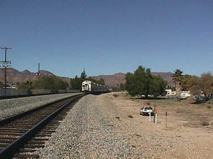 Train nears the bridge.